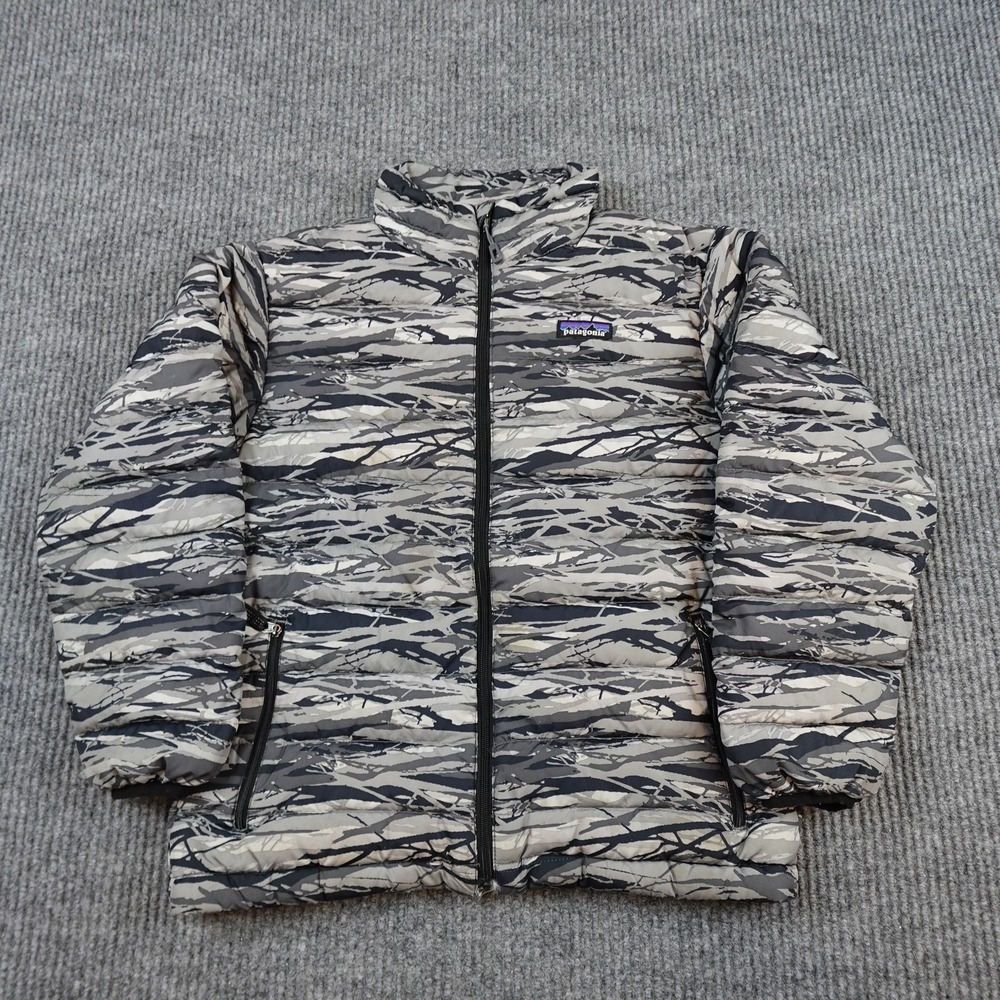 Patagonia Down Sweater Jacket Kids 10 Gray Camo Puffer Insulated Full Zip 68244